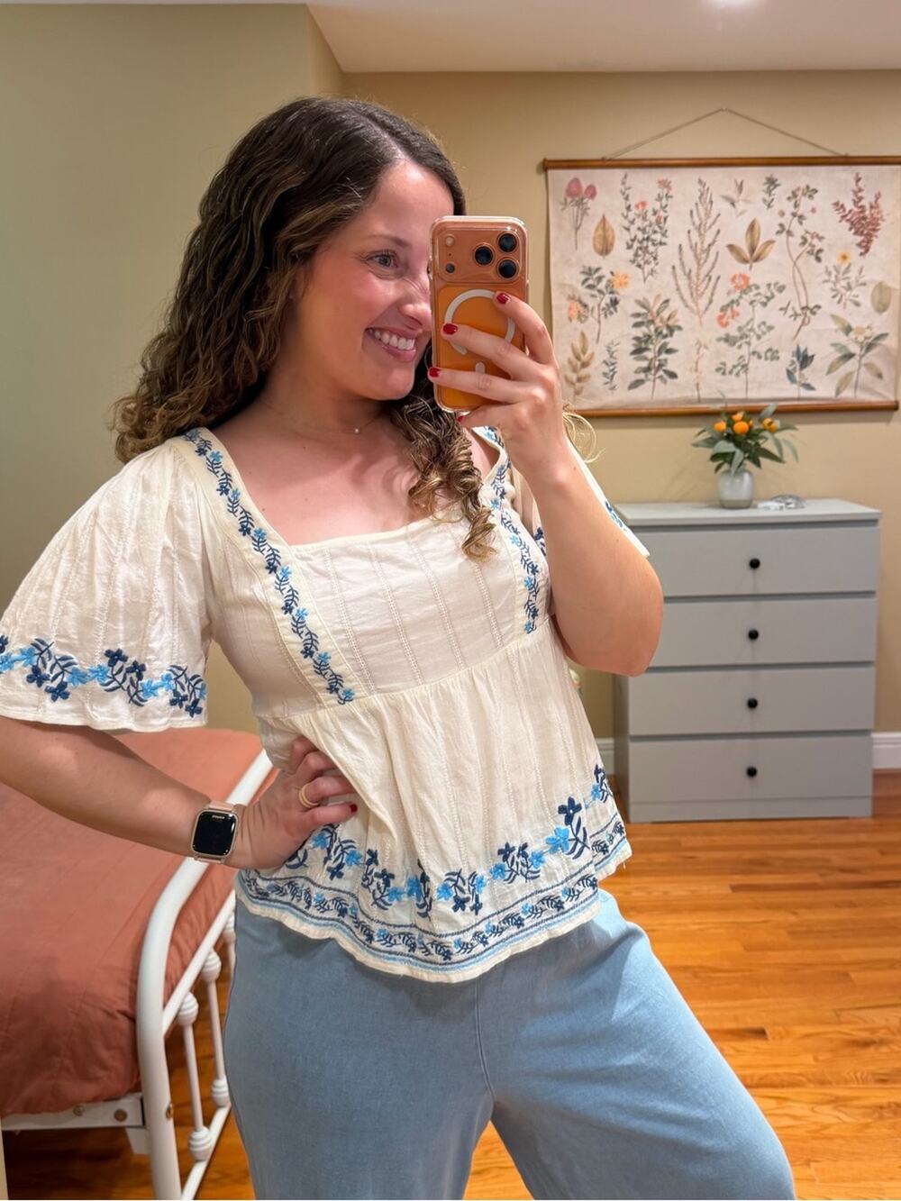 Old Navy Women’s Cream Peasant Top with Blue Floral Embroidery Medium